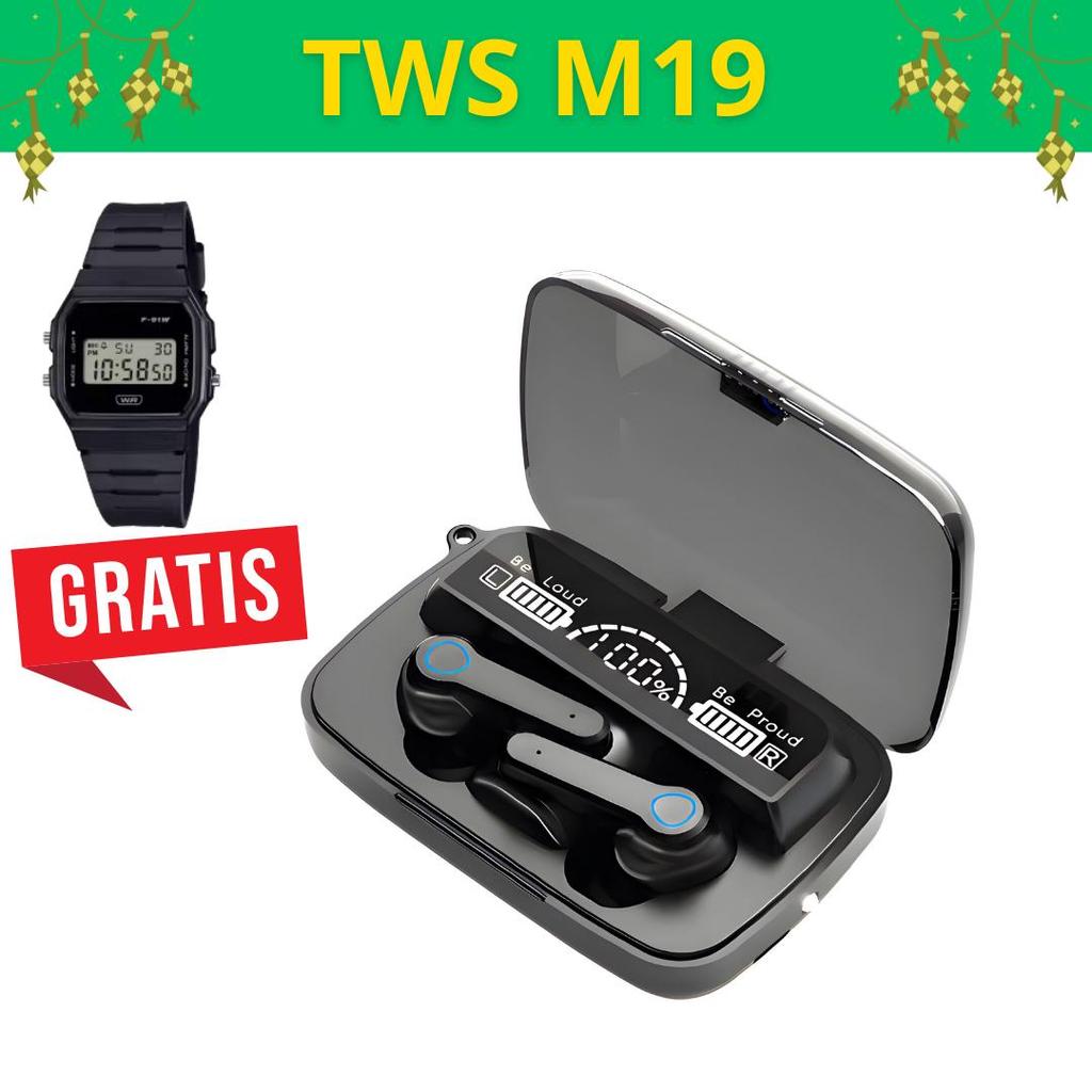 HEADPHONE BLUETOOTH 5.1 EARBUD M19 TWS NIRKABEL LED DIGITAL POWER DISPLAY BASS STEREO