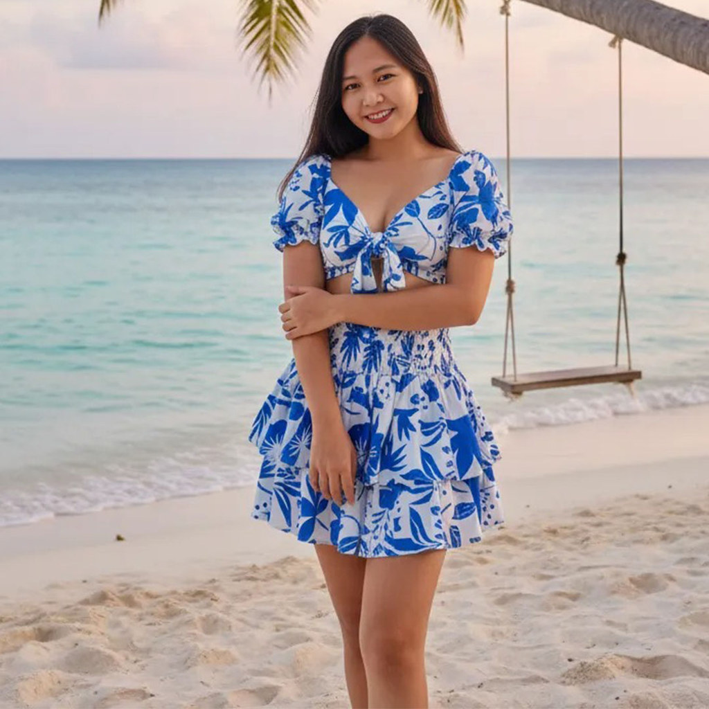 Setelan rok pantai Bali wanita serut tumpuk oneset