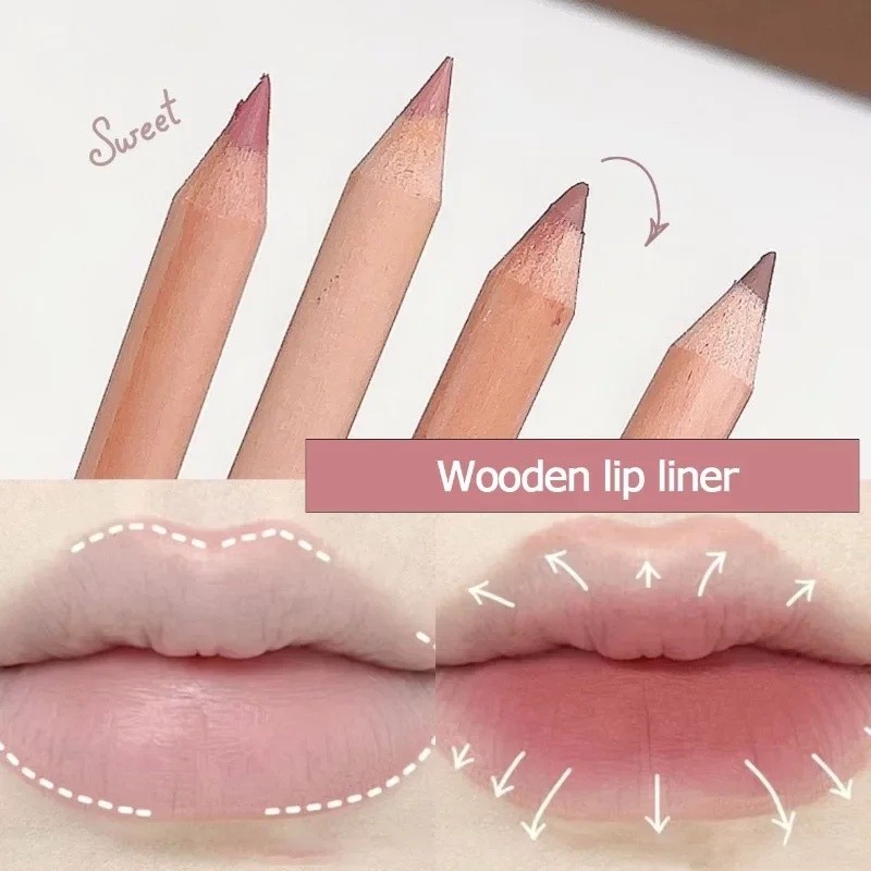 Pensil Lip Liner Matte Rose Pink Tahan Lama Alami dengan Gagang Kayu, Pensil Lip Liner Warna Nude Co