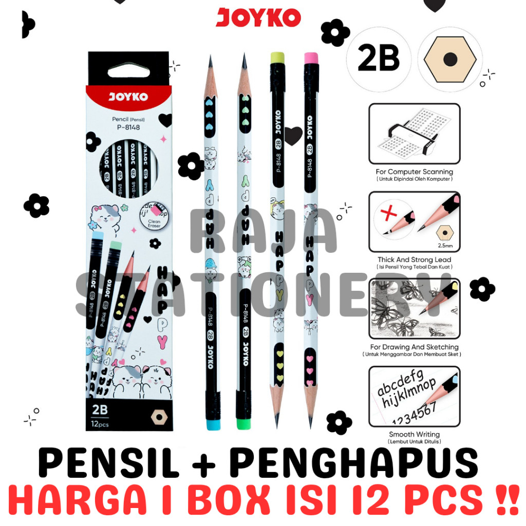 JOYKO PENCIL PENSIL KAYU JOYKO 2B MOTIF ANAK LUCU HAPPY CAT UJIAN P-8148 LUSIN BOX [12PCS]