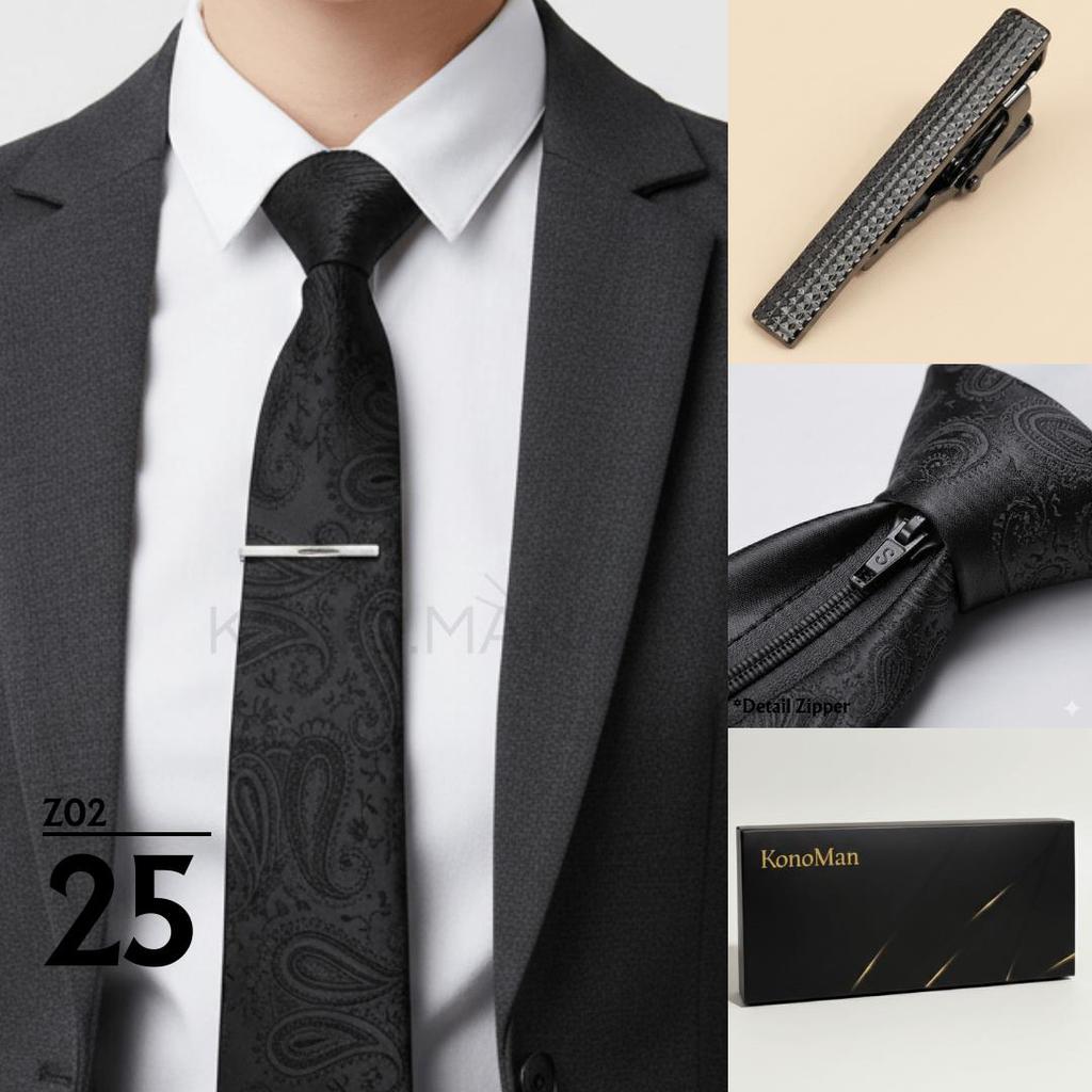 KM - Dasi Formal Instant Zipper Premium Motif Paisley Hitam Bonus Jepit Dasi