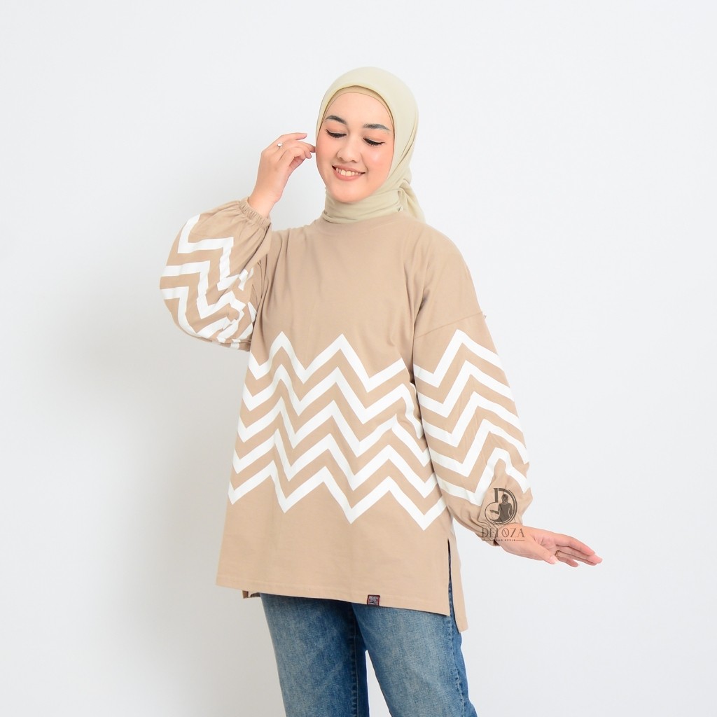 ORIGINAL>> Lenora Oversize Atasan Wanita Jumbo Kaos Katun Garis Sablon Lengan Balon LD 125 By Deloza