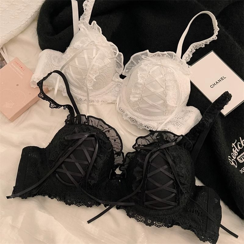 Aura Intim Set Bra Bertali Renda untuk Wanita, Gaya Lolita Push-up