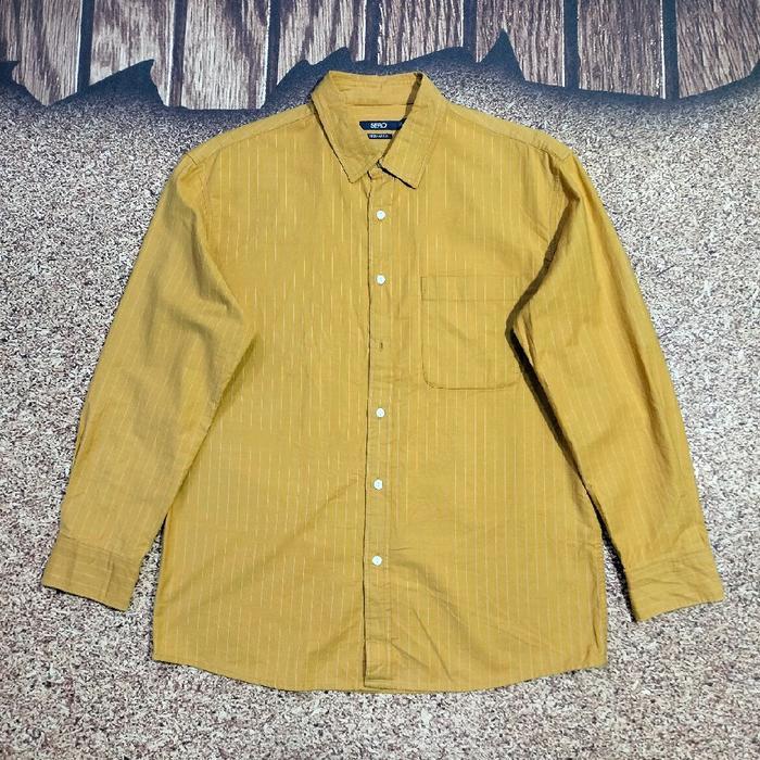 kemeja panjang pria kuning kunyit SPAO kemeja salur pria murah bagus size  L