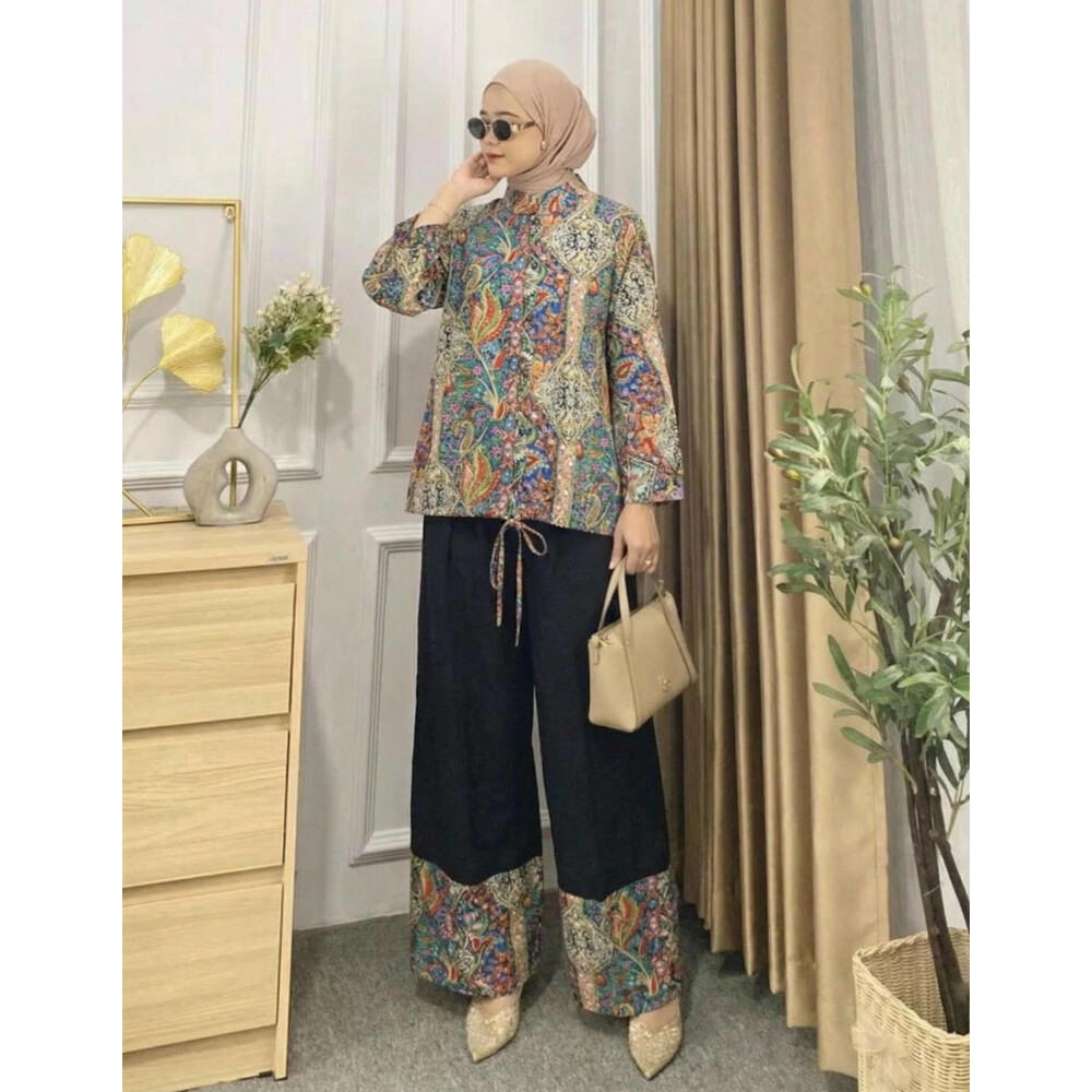 Setelan Batik Muslimah Kulot Lembut Elegan | Atasan Kerah Panjang Lengan Panjang Motif Batik Khas | 