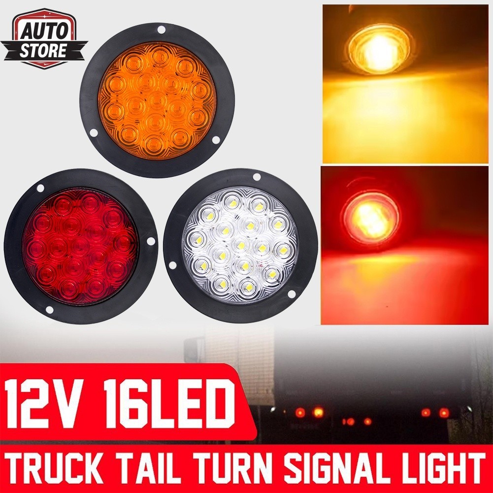 Lampu Belakang Bulat 4" 12V 24V 16 LED, Lampu Sein, Rem, Stop, Mundur untuk Mobil, Truk, Trailer, Lo