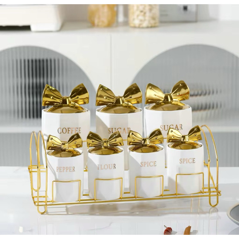 ISLAN Set Keramik Bumbu Mewah 7IN1 Wadah Bumbu Keramik Wadah Bumbu Set 7 Tempat Gula Keramik