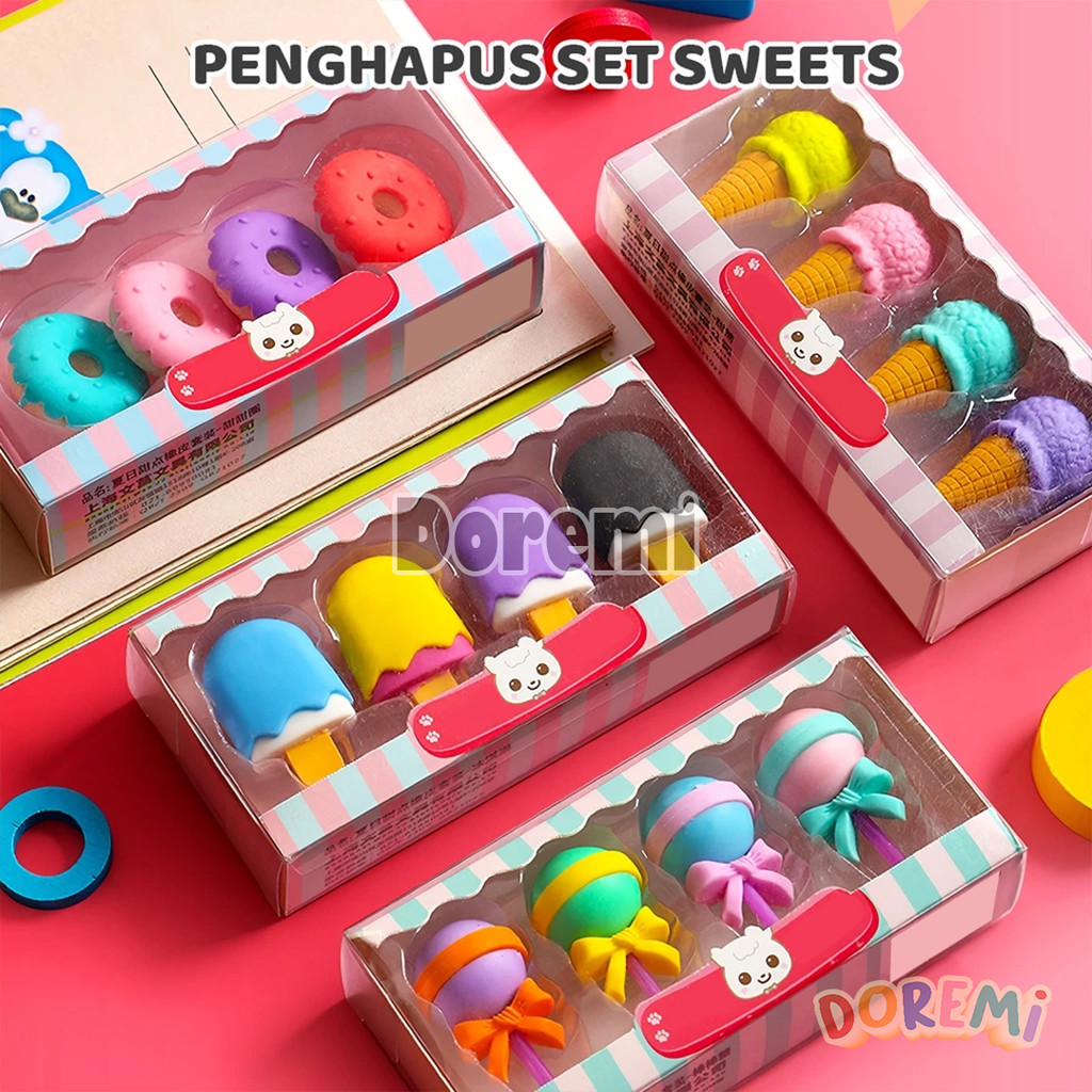DOREMI Penghapus Set Sweets 4 IN 1 Eraser Rubber Karet Donat Es Krim Permen Lolipop Alat Tulis ATK