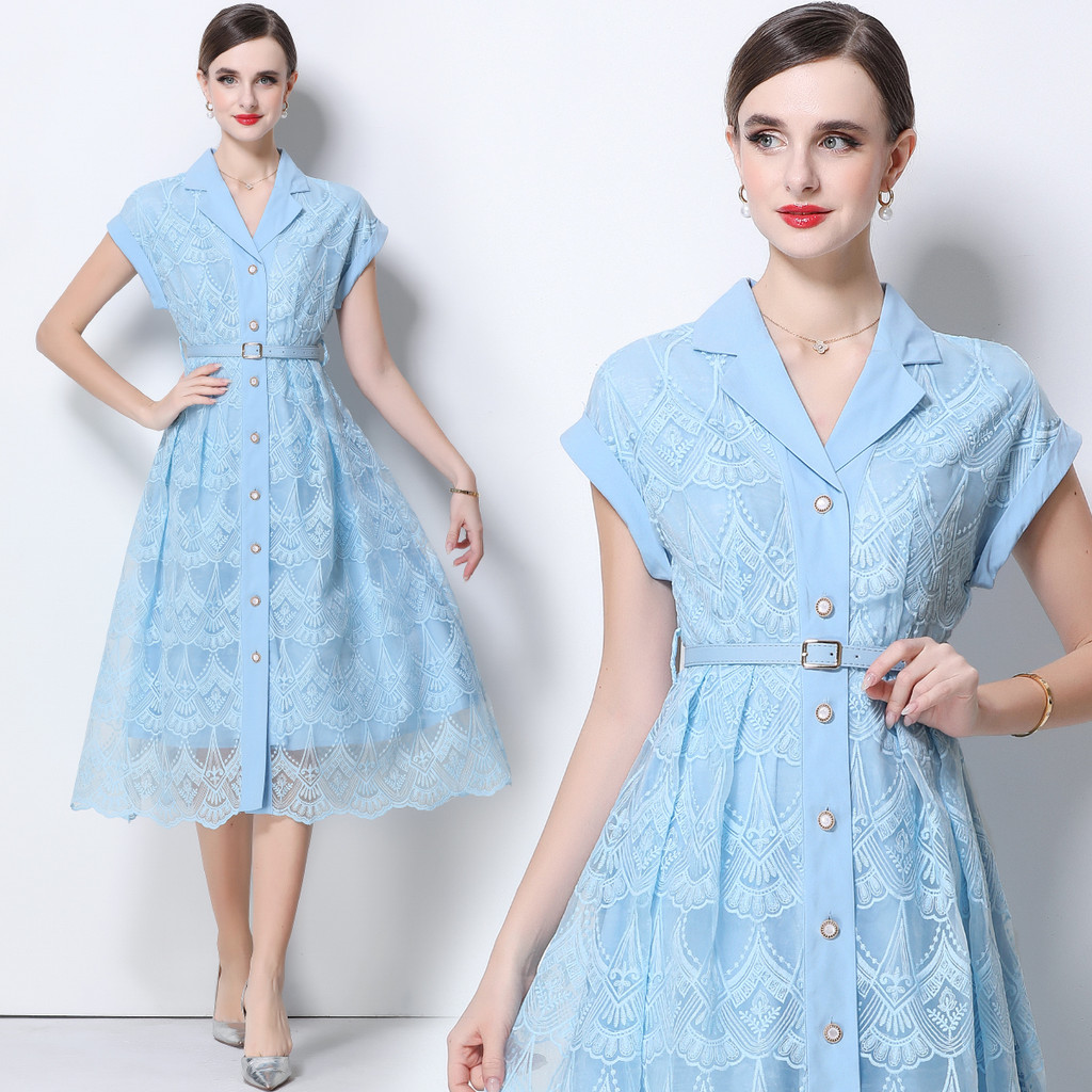 20262v Gaun renda bordir wanita, gaun renda bordir elegan baru dengan sabuk pinggang