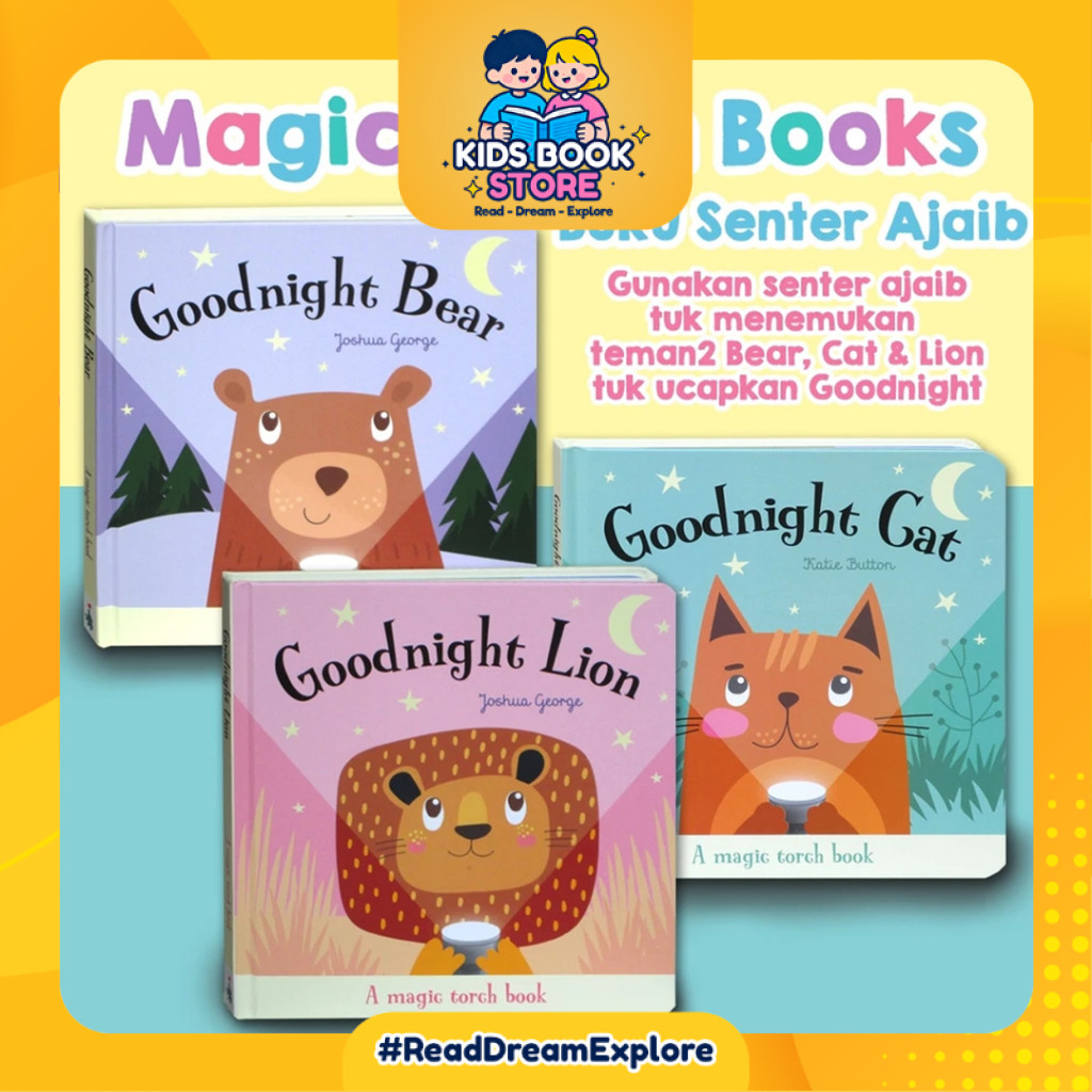 [KIDSBOOKSTORE] [BK188] Buku Senter Ajaib - Magic Torch Book Goodnight Bear / Lion / Cat (use the ma