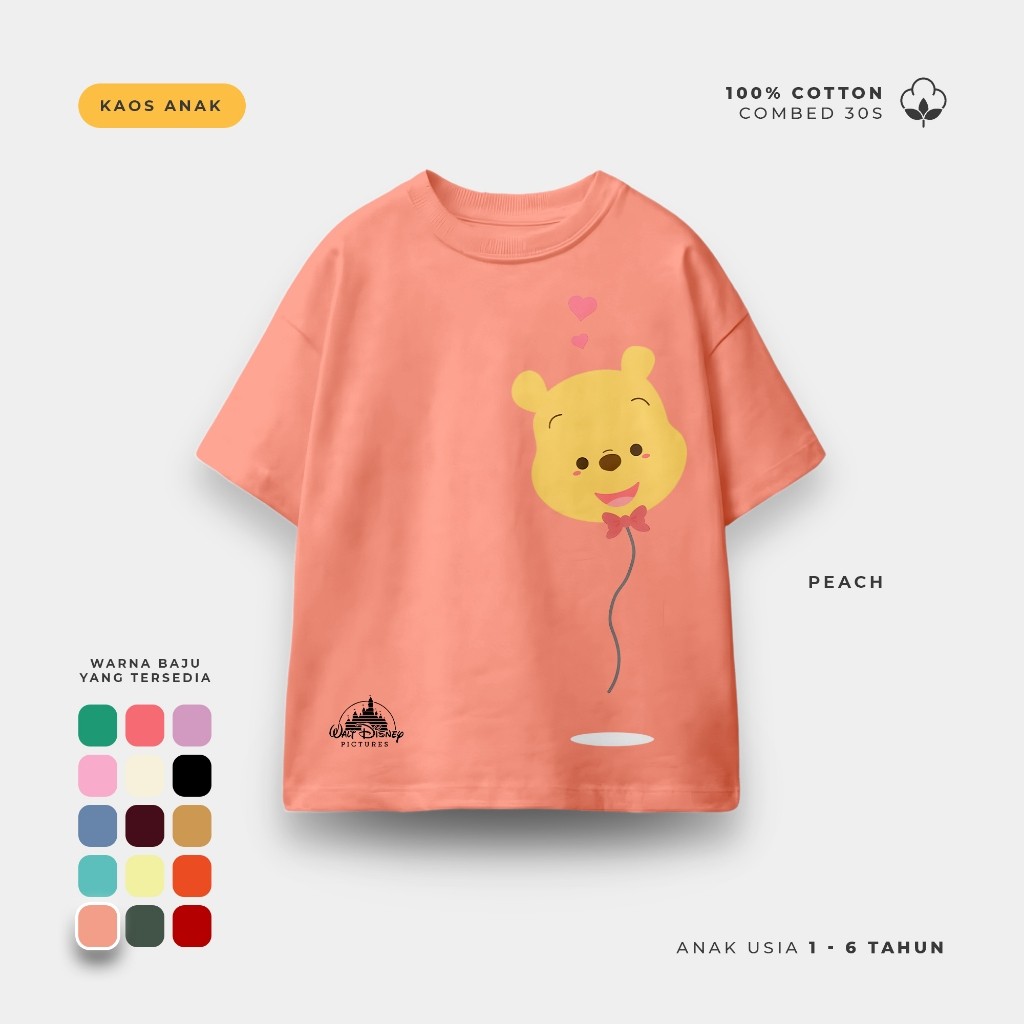 Kaos Anak Lengan Pendek Baju Anak Ula Kids Kaos Disney Karakter Pooh Balon Usia 1 - 6 Tahun Hoodie J