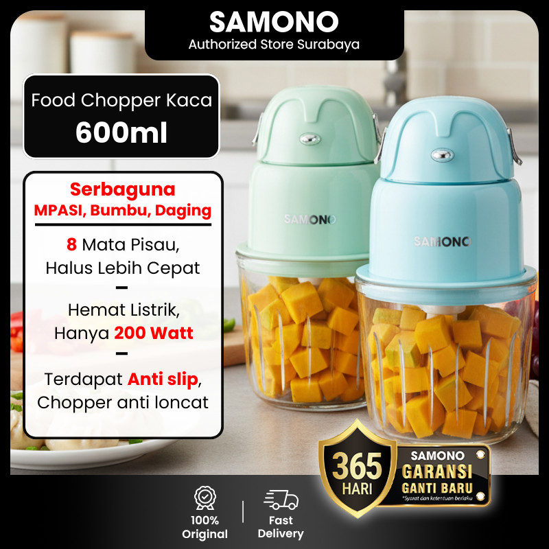 SAMONO Chopper 600ml Kaca Food Grade 200 Watt 8 Pisau SW-MFC600  Penggiling Penghalus Daging Bumbu M
