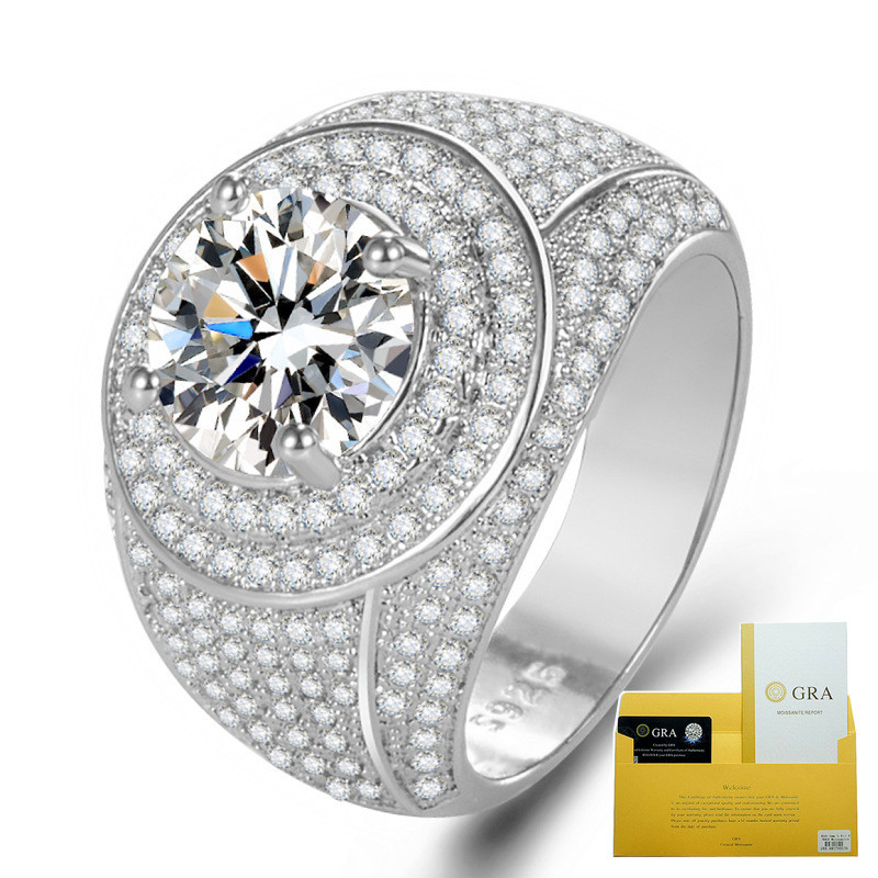 (With Gra Certificate) Cincin Pria Mewah Berlian Penuh Moissanite 3 Karat Emas Putih 18K