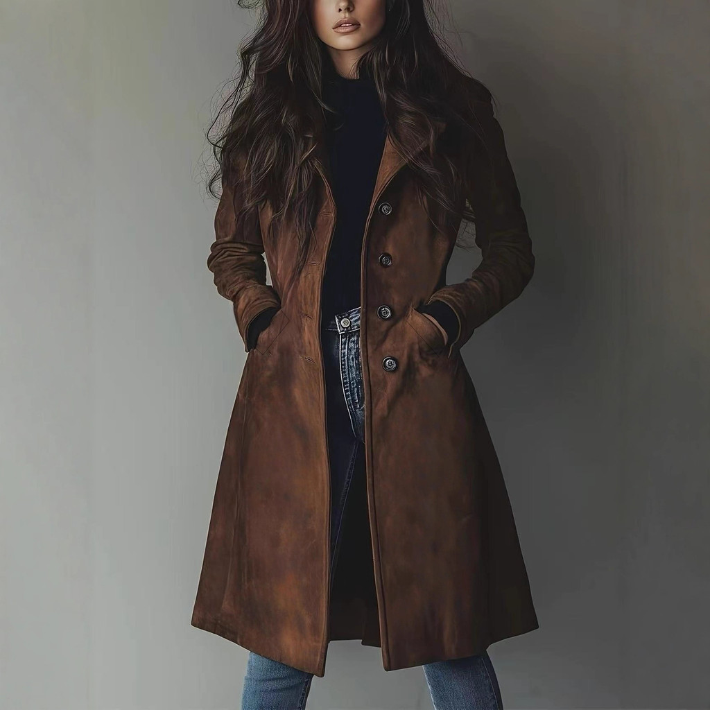 Women's Autumn and Winter Coat with Turn-down Collar, Suede Long Trench Coat