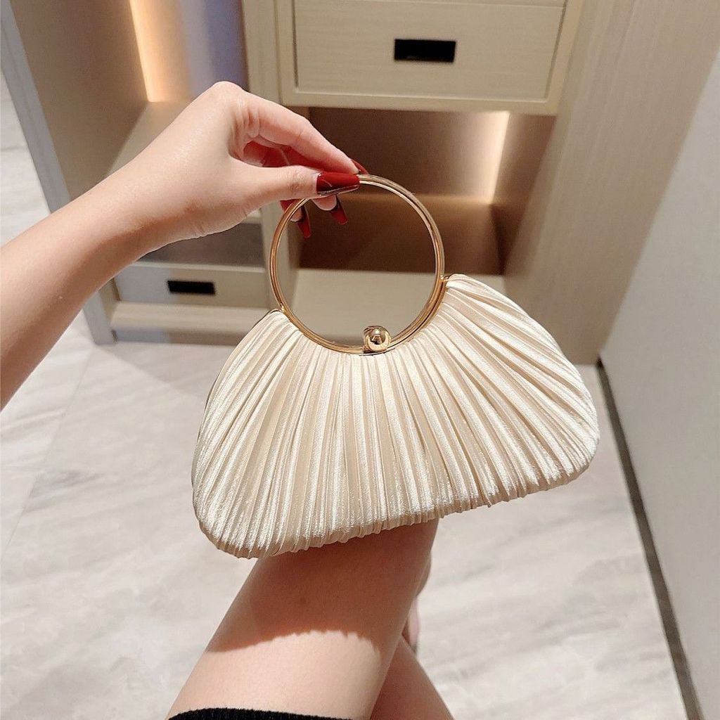[COD]Tas tangan wanita satin baru, desain kerutan bertekstur mewah, tas pesta gaya sosialita