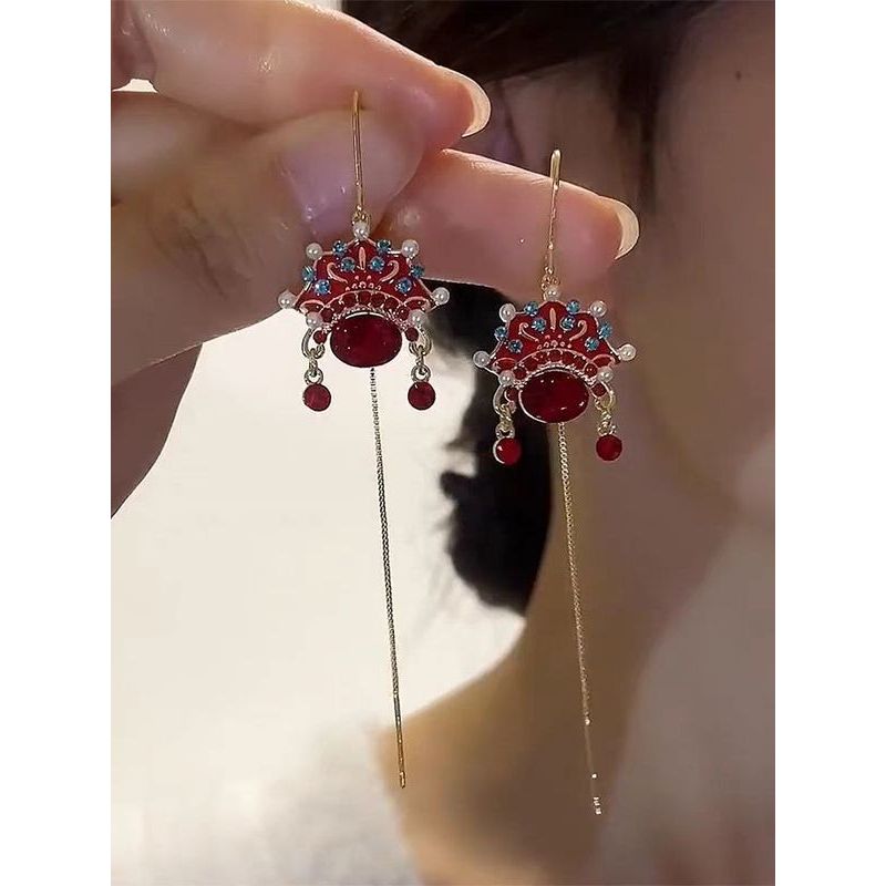 [Mempesona]Anting Topeng Opera Peking Trendi, Anting Gaya Cina Kuno, Anting Rumbai Merah Panjang