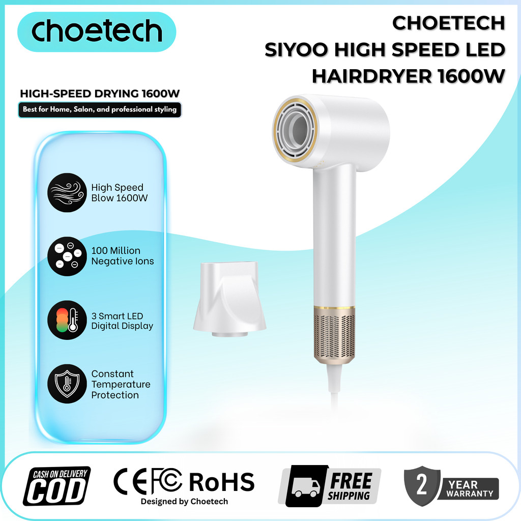 Choetech SIYOO HY001 High Speed Hair Dryer 1600W | Hair Dryer Fast Drying | LED Display | 100 Millio