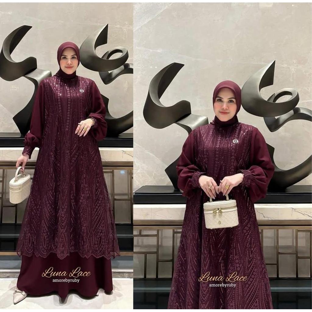 Gamis Brokat Wanita Kondangan Lunna Lace Dres CB Ceruty Babydoll Mix Full Brukat M L XL XXL 3XL Baju
