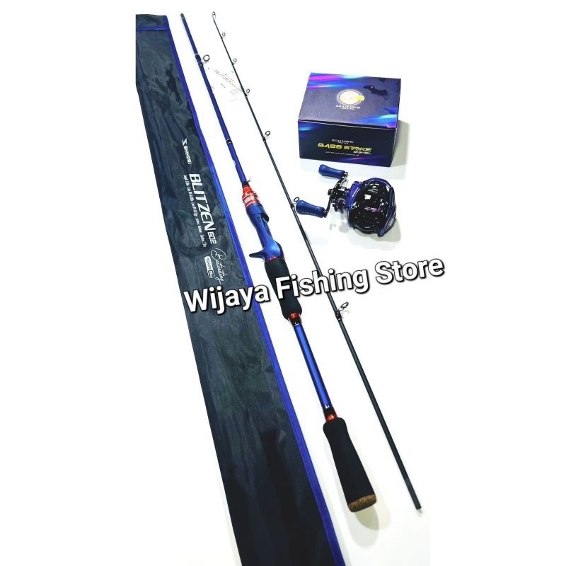 Set Joran Pancing BC Casting Biru Shikari Blitzen 180 dan Reel Seahawk Bass Strike