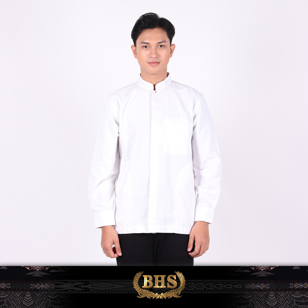 Baju Koko BHS Classic Motif Kombinasi Putih 07 Baju Muslim BHS