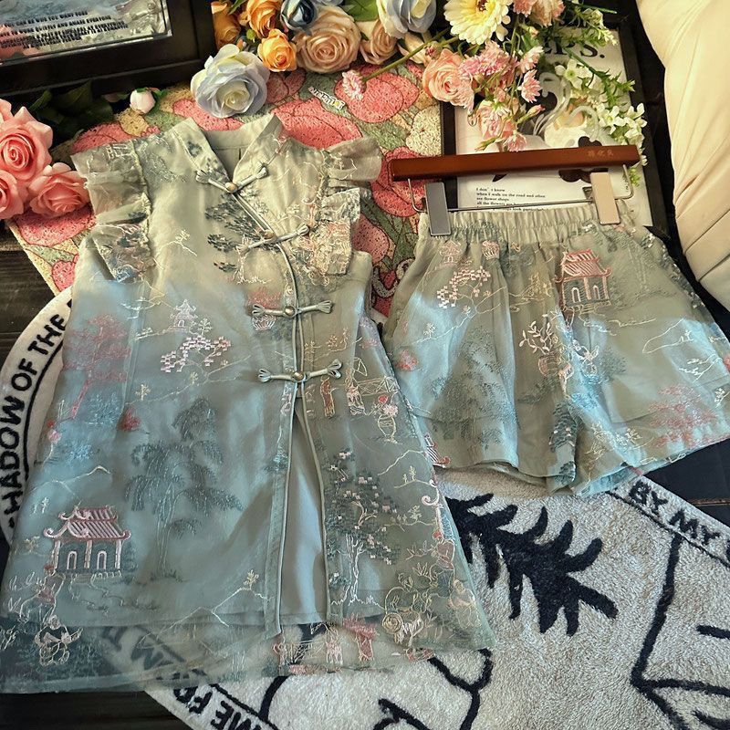 [COD]Set Cheongsam untuk anak-anak, pakaian anak-anak Cina baru, celana pendek, set dua potong.