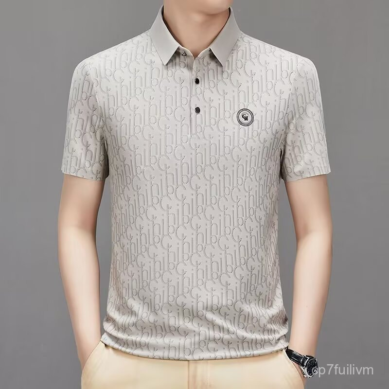 Kaos Polo Pria Slim Fit Motif Garis Baju Santai Dewasa Warna Coklat Muda