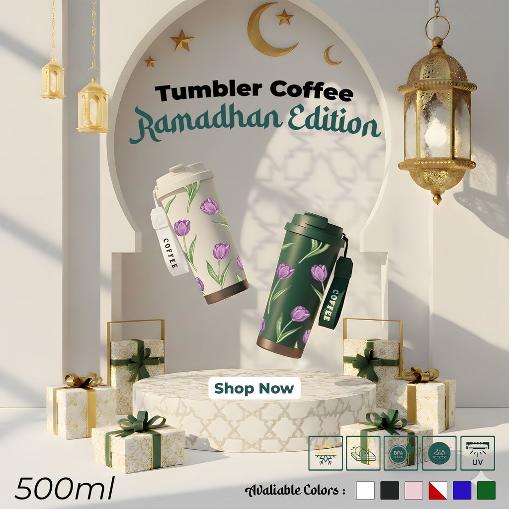Tumbler Stainless Steel 304 Edisi Ramadhan Kapasitas 500ml Desain Bunga Tulip Ungu Tahan Suhu Panas/