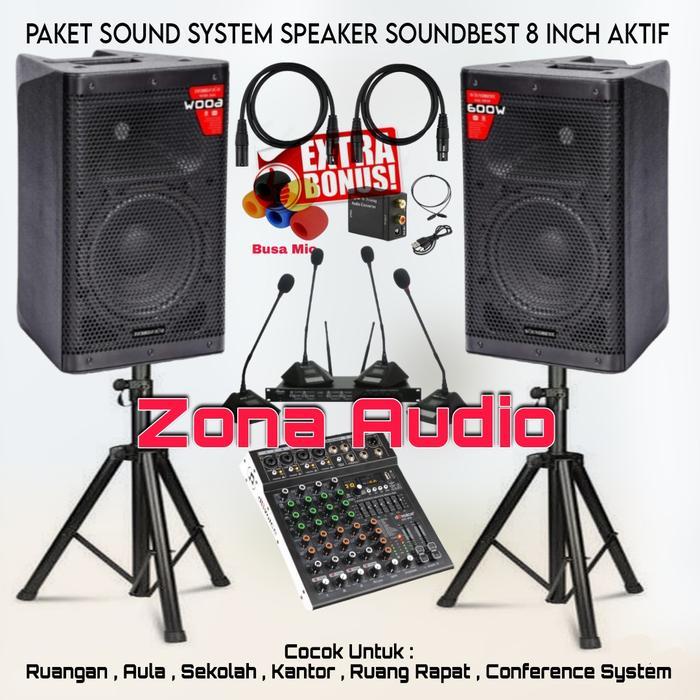 PAKET SOUND SYSTEM RUANG RAPAT SPEAKER SOUNDBEST 8 INCH MIXER 4 CHANNEL USB BLUETOOTH 4 MIC MEJA WIR