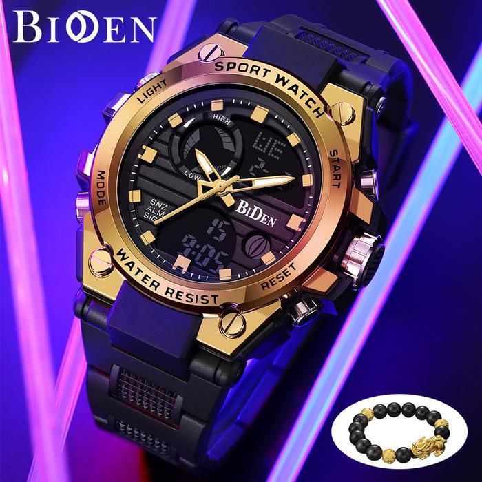 BIDEN Jam Tangan Pria Analog&Digital Original Sports Tali Silikon Jam Tangan Cowok - BlackGold-r004
