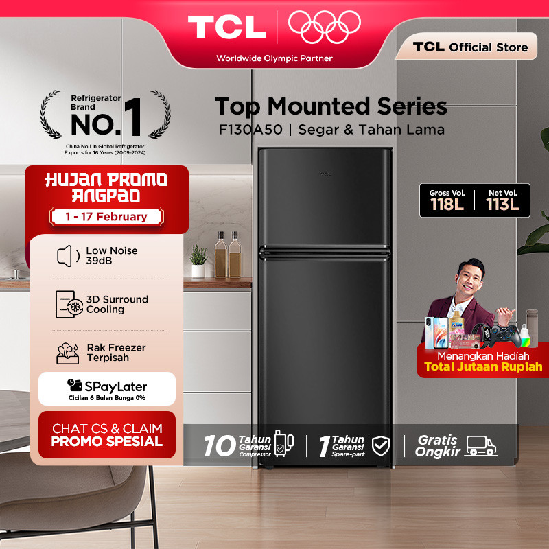 TCL Kulkas 2 Pintu (F130-A50) - Kapasitas 118L - Rak Freezer Terpisah - 3D Surround Cooling - Adjust