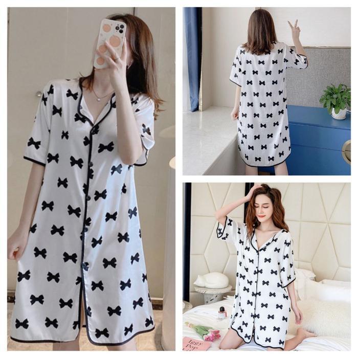 Kemeja Daster Satin Night Dress Baju Tidur Wanita - Putih