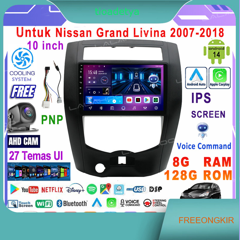 LALAHOO Untuk Nissan Livina 2007-2018  8G+128G Android 14 Head Unit Termasuk Frame/PNP Soket 10 Inch