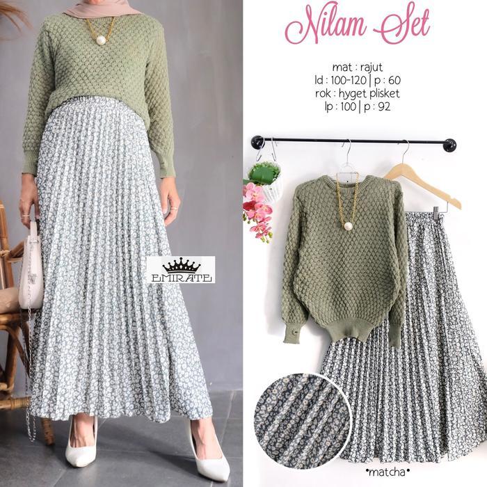 Set Rok Wanita Muslim Nilam Set Rok Plisket Motif Dan Bloue Rajut XXL