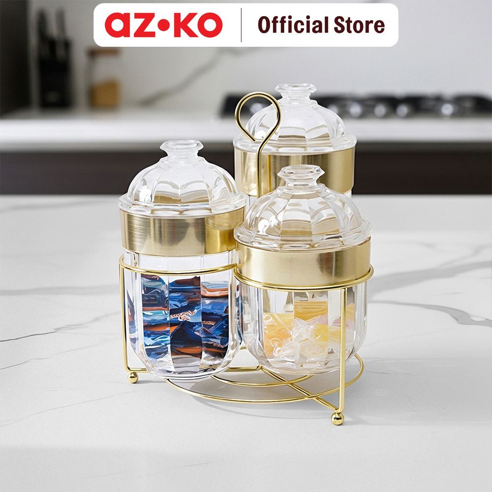 AZKO Culinart Pearl Stoples Akrilik Dengan Rak Set 3 Pcs Transparan - Gold Jar Tempat Simpan Snack D