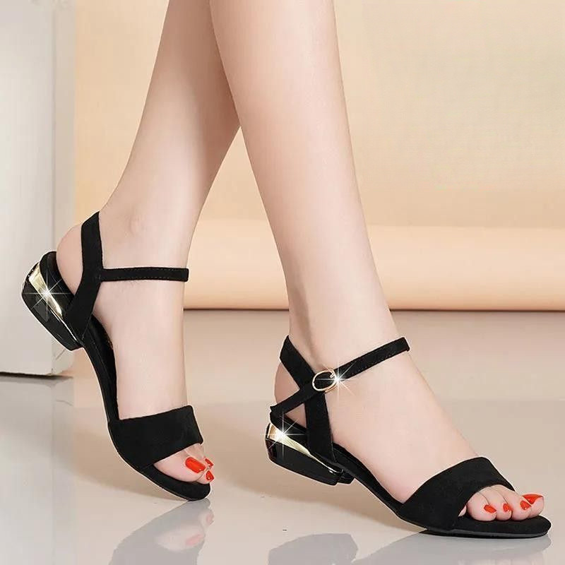 [COD] Sandal Kulit Lembut Hak Rendah untuk Wanita, Hak Tebal, Bertali, Cocok untuk Pakaian Luar, 3cm