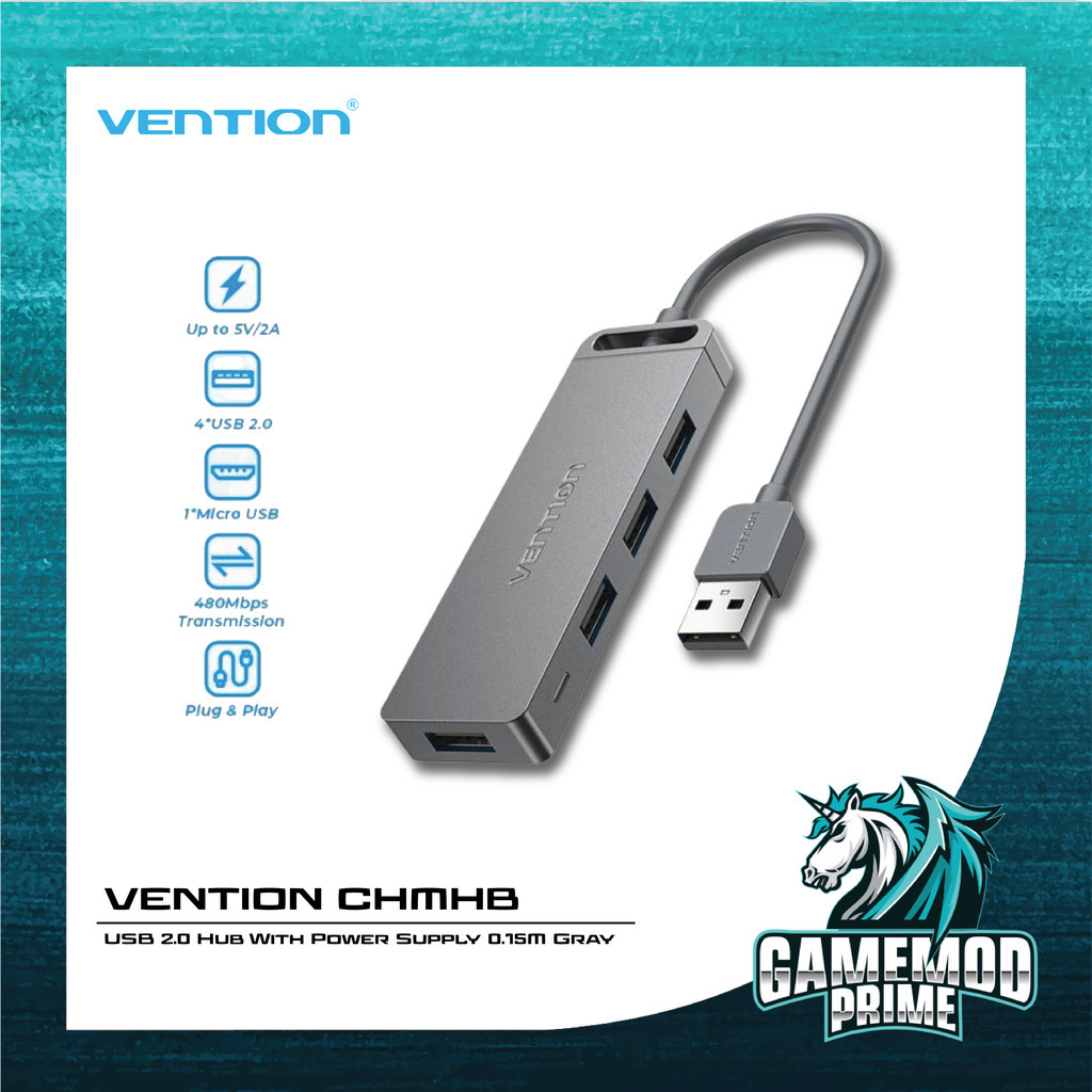 Usb Hub 4 Port VENTION CHMHB USB 2.0 Hub With Power Supply 0.15M Gray