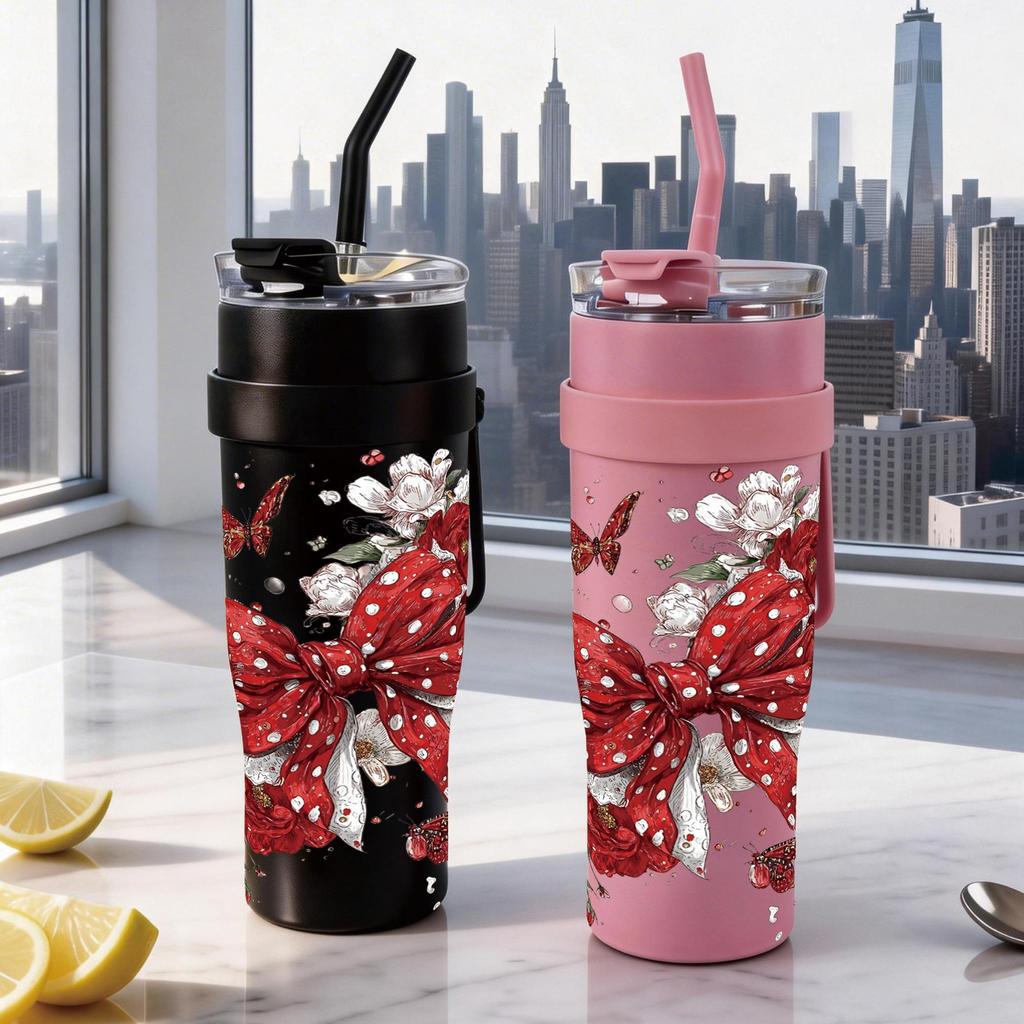 Tumbler Botol Minum Estetik Pita Merah 1182ml Jumbo– Botol Minum Besar Kekinian, Tumblr Minum Pink &