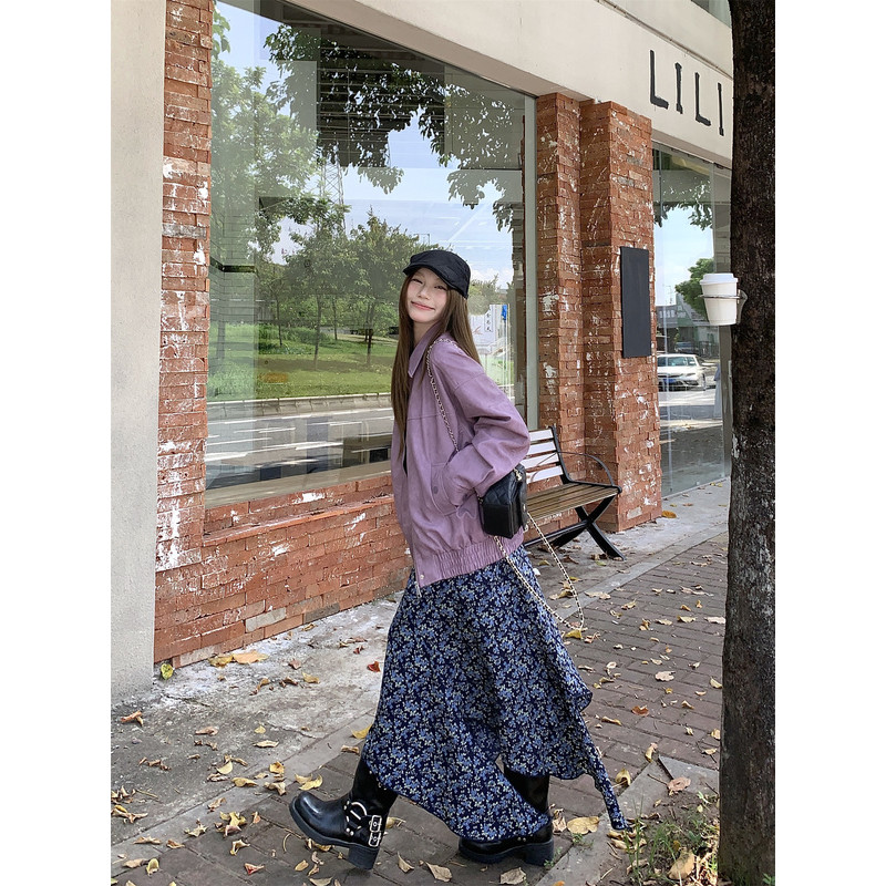 Foto nyata Retro Jaket Gadis Bahan PU Kulit + Gaun Slip Gaun Printing Bunga Asimetris