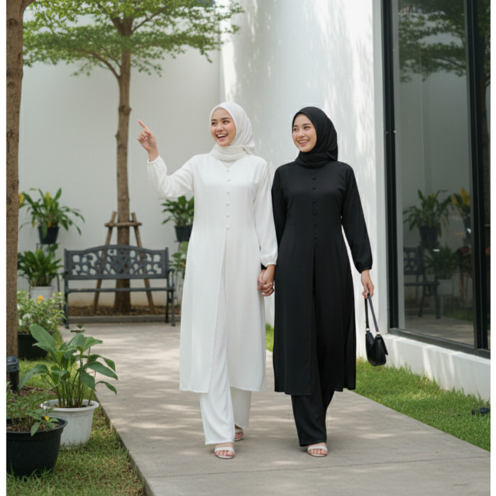 HAGEMAN Set Baju Tunik Muslim Long Dress Premium - Outer Tunik Panjang Polos - Atasan dan Celana Set