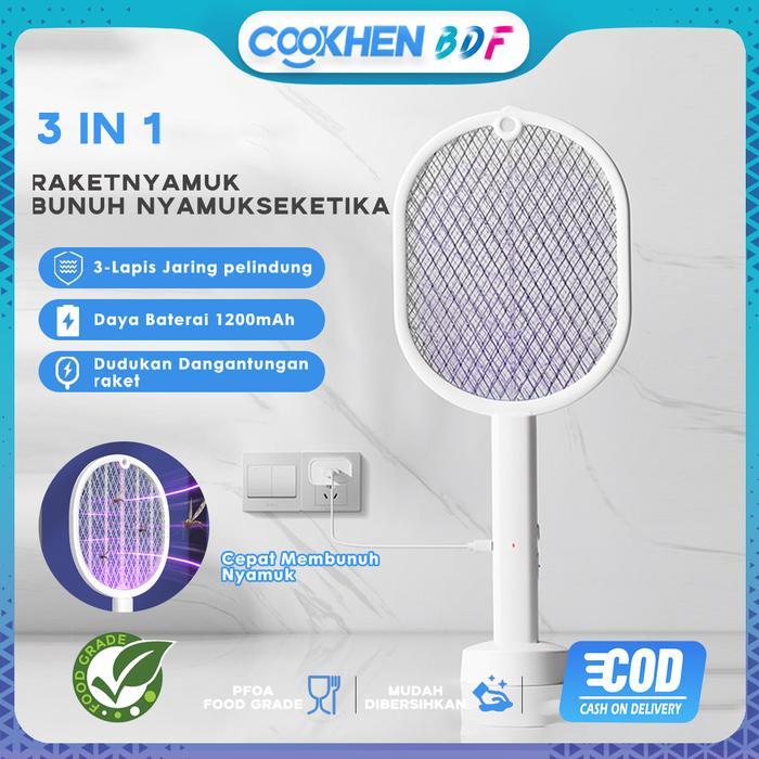 Promo Raket nyamuk 3 in 1 Mosquito killer HRDWP01WT putih Baterai Listrik Kabel - Putih