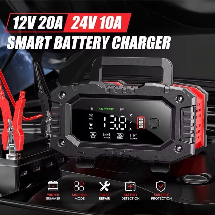 FOXSUR 20A Charger Aki Mobil Motor Truk 12V 20A - 24V 10A S Charger 7 Stage Pengisian Original Car -