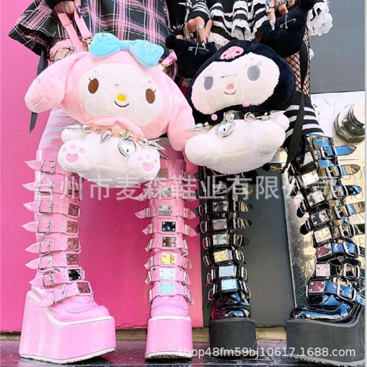 Demonia Sepatu bot sol tebal dengan tali gesper, sepatu bot tinggi model gothic, sepatu bot ksatria 