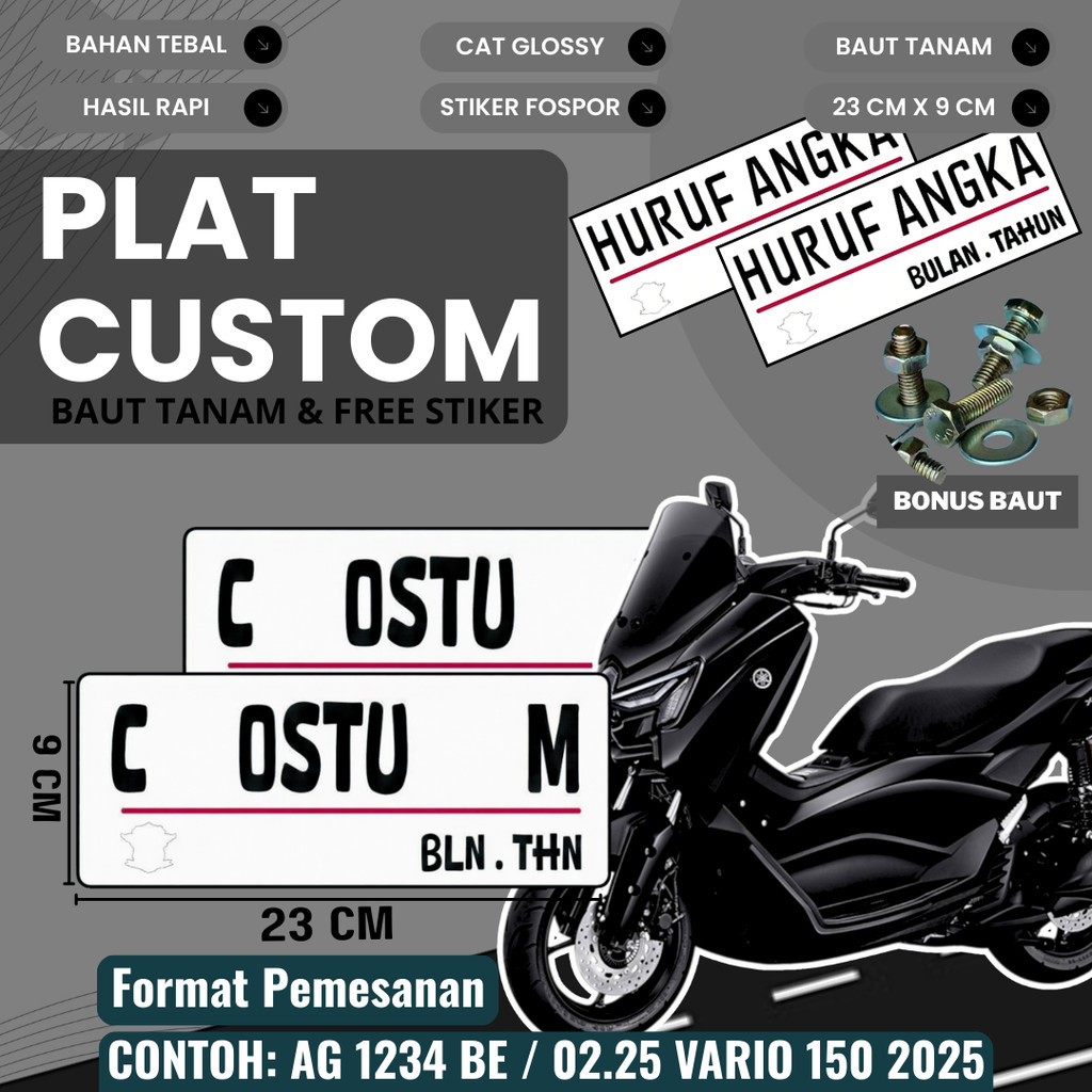 PLAT CUSTOM WARNA PUTIH PLAT CUSTOM SATU PASANG WARNA PUTIH PLAT CUSTOM BAUT TANAM