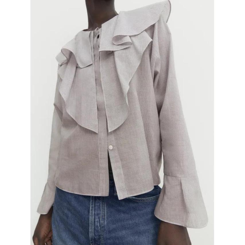 Massimo Dutti Cotton and Lyocell Blend Striped Ruffled Shirt with Frill Details - Kemeja Kerja Casua