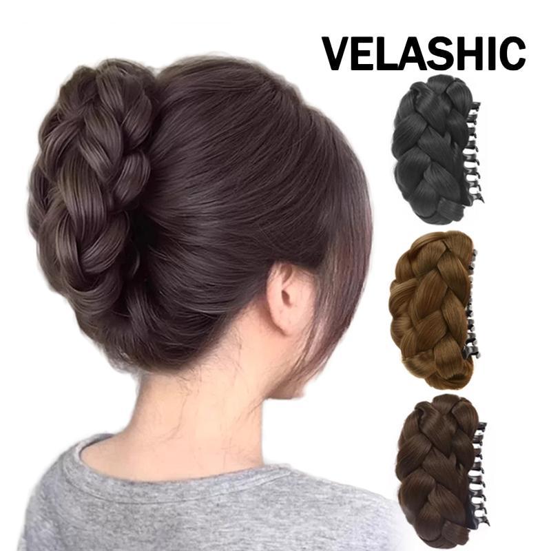 VELASHIC  (karya asli) Jepit Rambut Palsu Bun Kepang Volume 3X Serat Suhu Tinggi Cepol Bunga Elegan 
