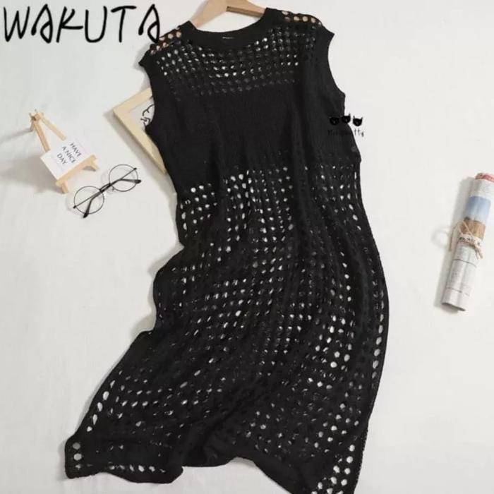 Promo Guncang Ruby tunik jaring - Atasan wanita tanpa lengan - tunik rajut belah samping Muslim Panj