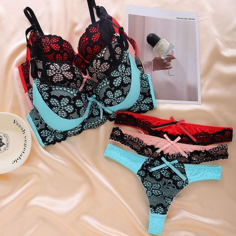 LadyAllure COD Set Bra & Celana Dalam Wanita Renda Kontras Warna Sensual Push Up Bra Tali Lepas Cela