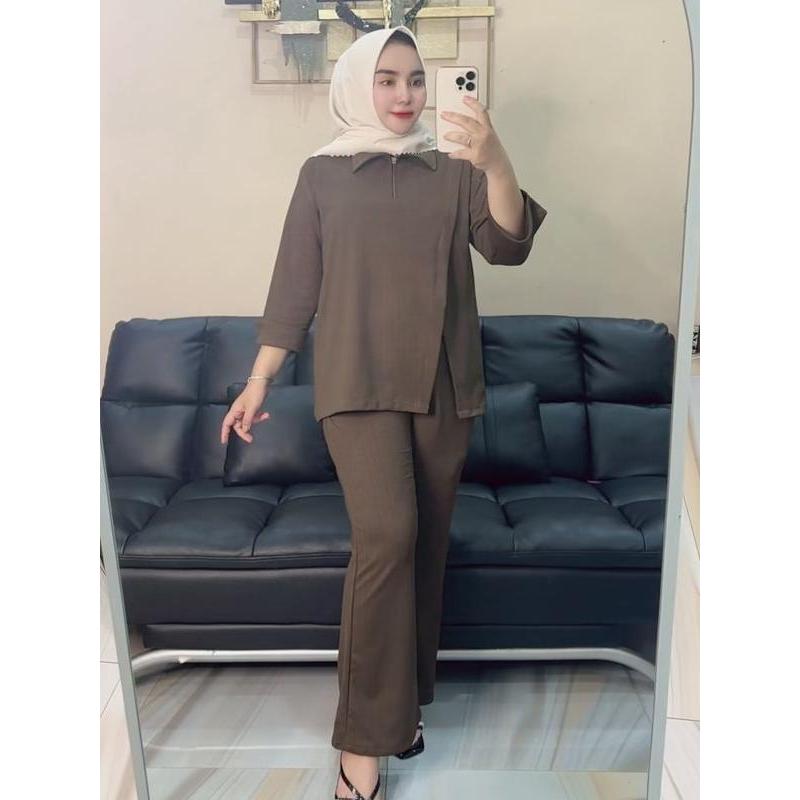 Davina Oneset Setelan Knit  Muslim Wani ta Cantik Celana Panjang Cutbray Nyaman Baju Dewasa  Linen J