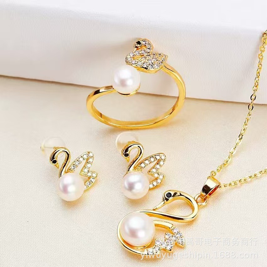 Set mutiara air tawar alami temperamen kalung cincin pejantan anting-anting kecil perhiasan angsa wa