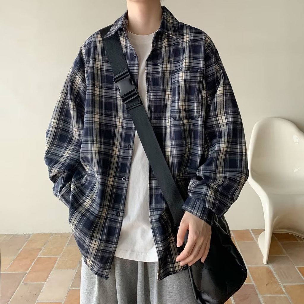 Kemeja kotak-kotak untuk pria, lengan panjang, longgar, jaket kemeja kasual pria.